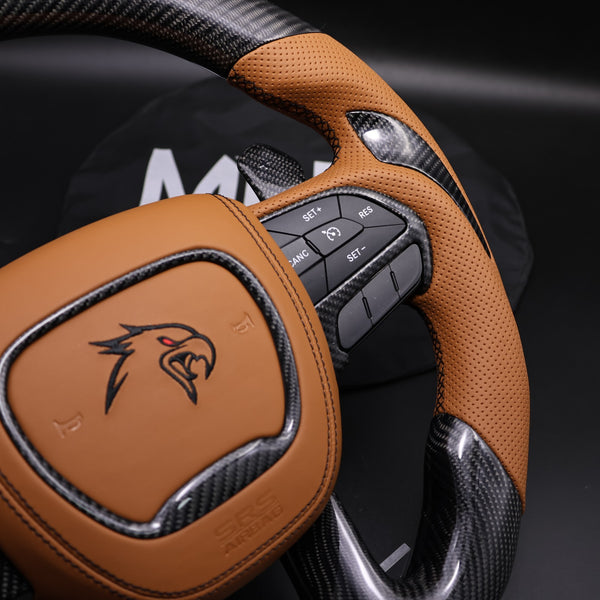 2014-2021 TrackHawk Tan Sepia Leather Black Accent Stitching OEM Carbon TrackHawk Steering Wheel