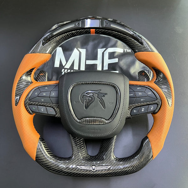 2018-2021 Sepia Leather Gloss Carbon TrackHawk Steering Wheel Black Accent