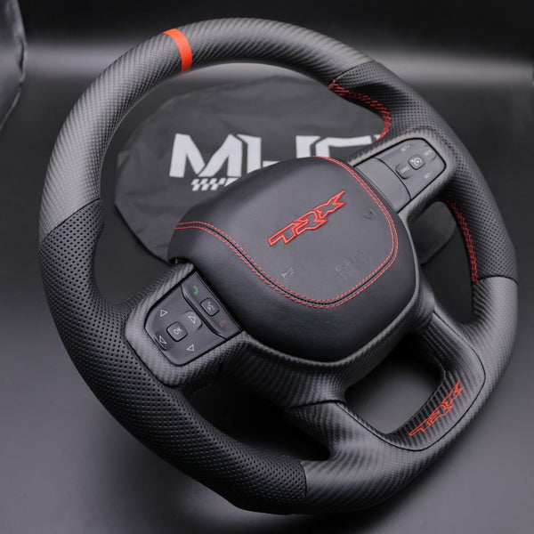 2021+ Dodge RAM Matte Carbon Red Accent “TRX” Leather Steering Wheel