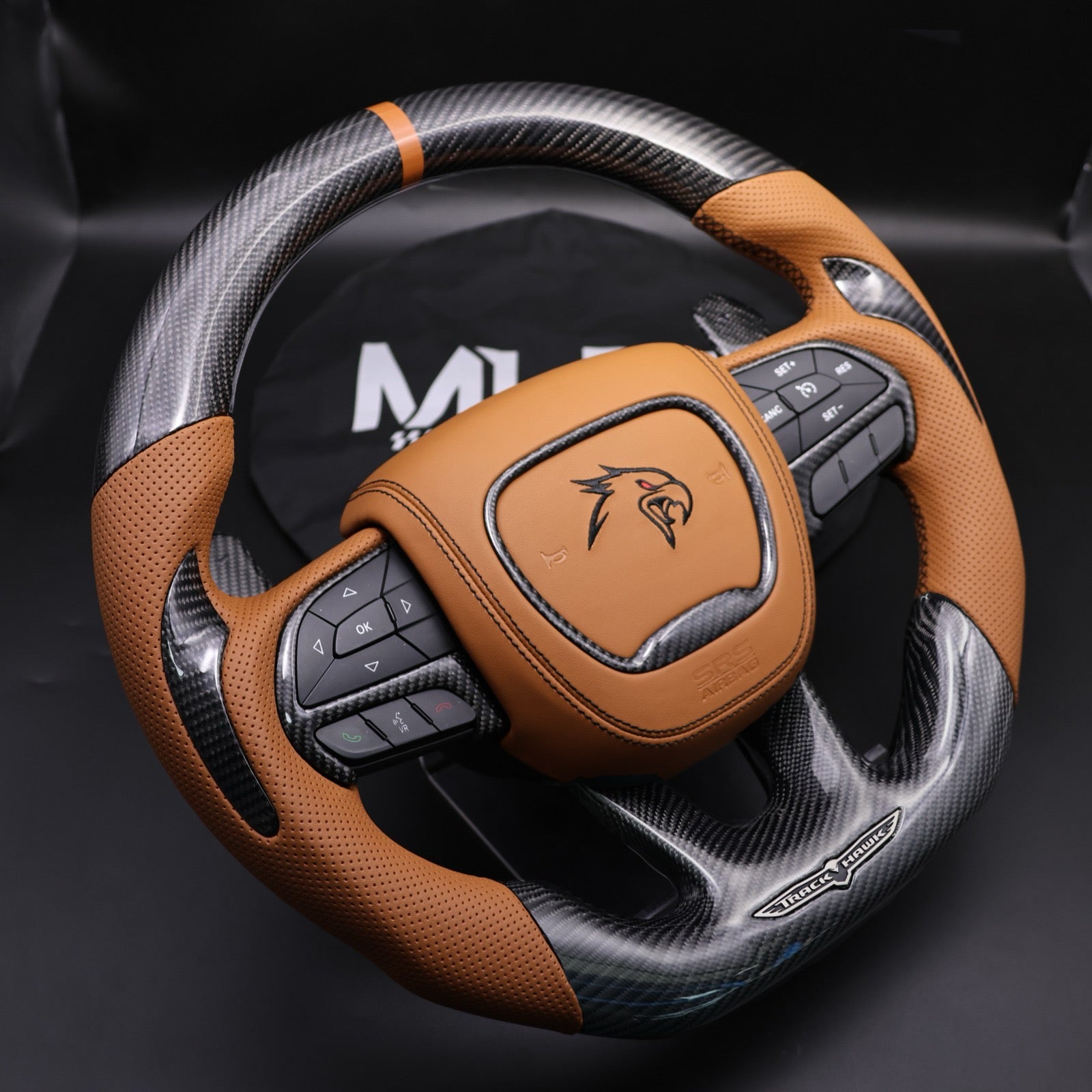 2014-2021 TrackHawk Tan Sepia Leather Black Accent Stitching OEM Carbon TrackHawk Steering Wheel
