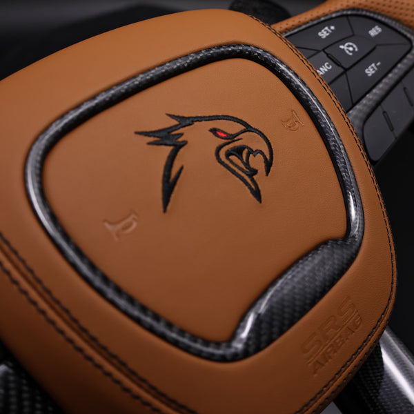 2014-2021 TrackHawk Tan Sepia Leather Black Accent Stitching OEM Carbon TrackHawk Steering Wheel