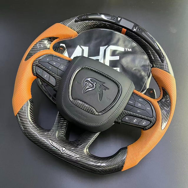 2018-2021 Sepia Leather Gloss Carbon TrackHawk Steering Wheel Black Accent