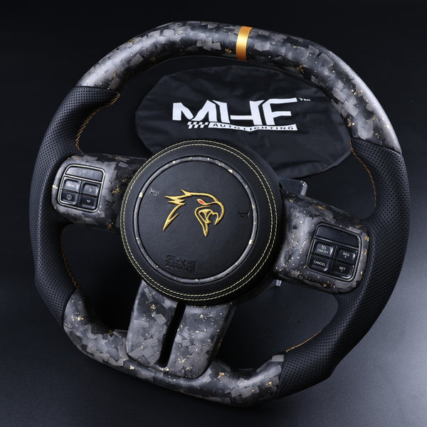 2011-2017 JK Wrangler Matte Carbon Black Leather Old Gold Stitching Steering Wheel