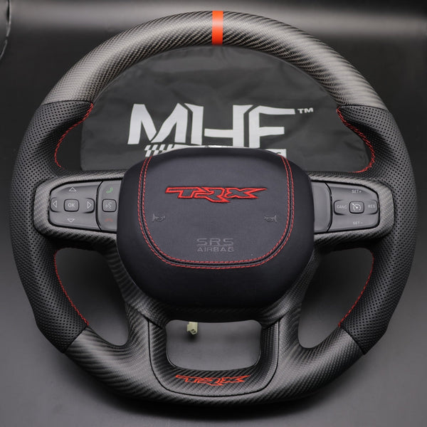 2021+ Dodge RAM Matte Carbon Red Accent “TRX” Leather Steering Wheel