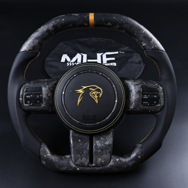 2011-2017 JK Wrangler Matte Carbon Black Leather Old Gold Stitching Steering Wheel