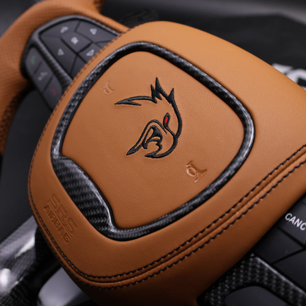 2014-2021 TrackHawk Tan Sepia Leather Black Accent Stitching OEM Carbon TrackHawk Steering Wheel