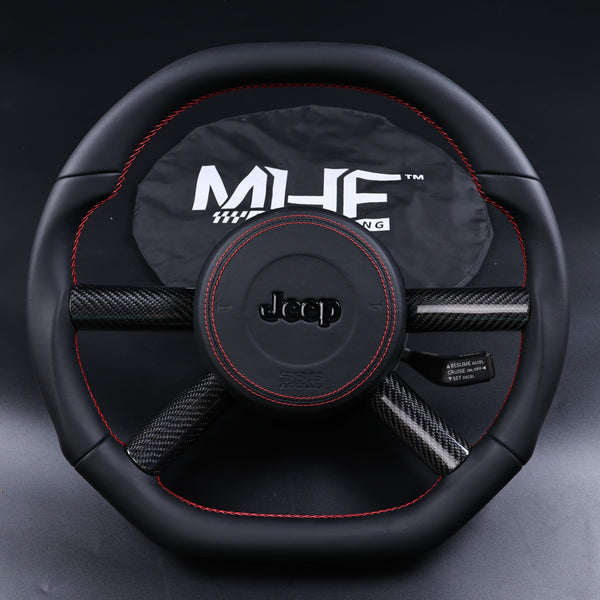 2007-2010 JK Wrangler Red Accent Leather Gloss Carbon Steering Wheel