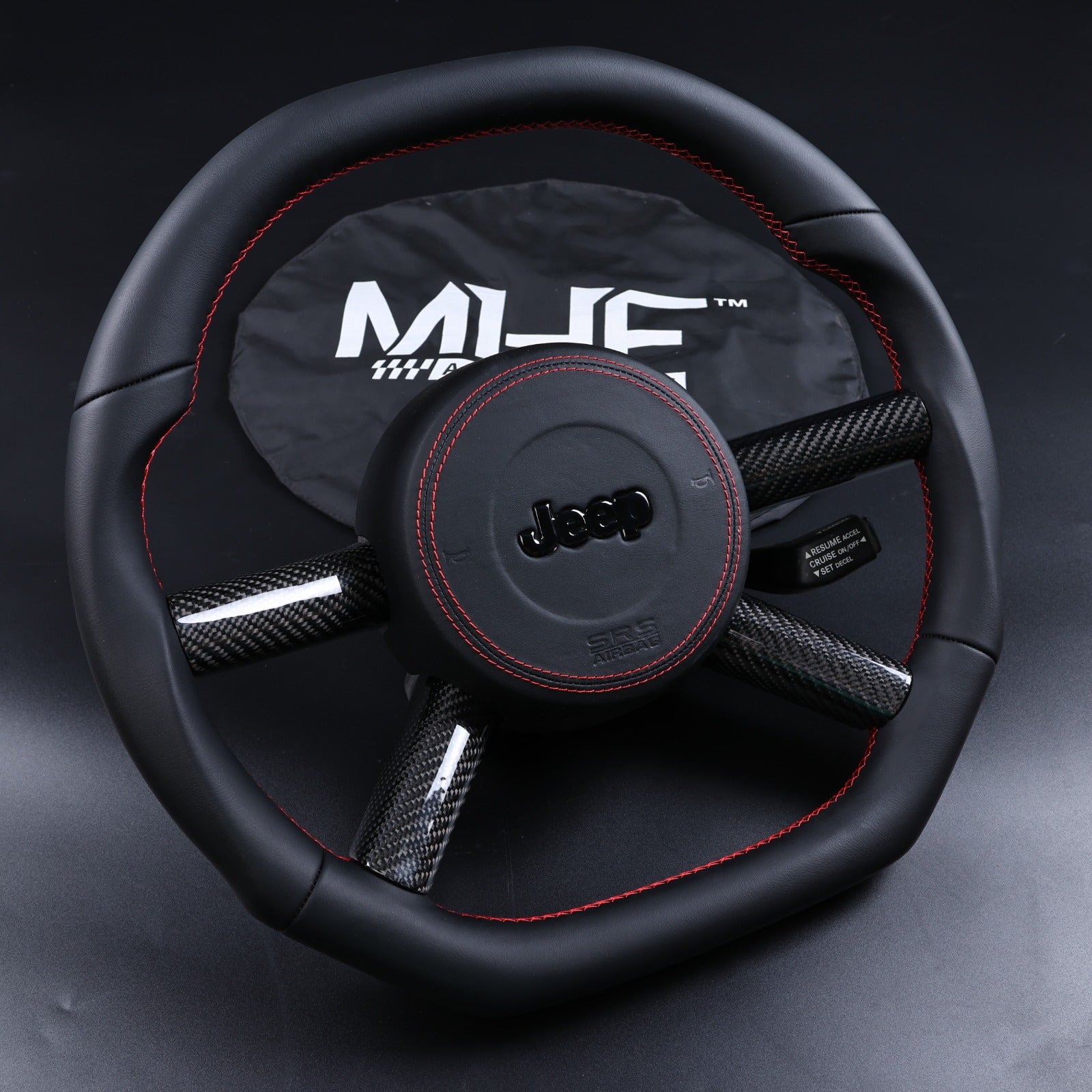 2007-2010 JK Wrangler Red Accent Leather Gloss Carbon Steering Wheel