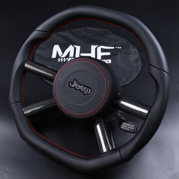 2007-2010 JK Wrangler Red Accent Leather Gloss Carbon Steering Wheel
