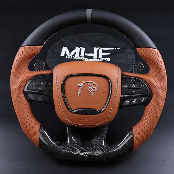 2014-2021 TrackHawk Tan Sepia Leather Black Accent Stitching OEM Carbon TrackHawk Steering Wheel