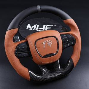 2014-2021 TrackHawk Tan Sepia Leather Black Accent Stitching OEM Carbon TrackHawk Steering Wheel
