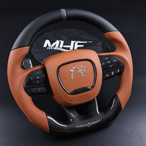2014-2021 TrackHawk Tan Sepia Leather Black Accent Stitching OEM Carbon TrackHawk Steering Wheel