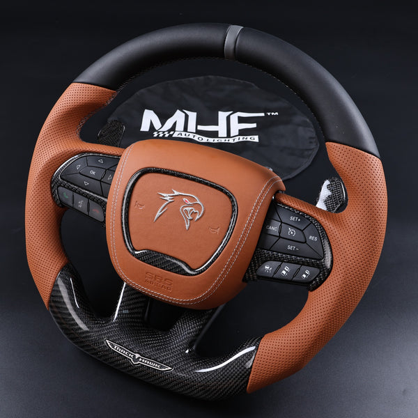 2014-2021 TrackHawk Tan Sepia Leather Black Accent Stitching OEM Carbon TrackHawk Steering Wheel