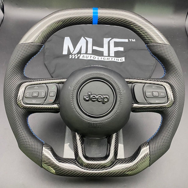 2018-2024 JT / JL “Perforated Leather Blue Accent” Gloss Carbon 4XE Jeep Wrangler Steering Wheel