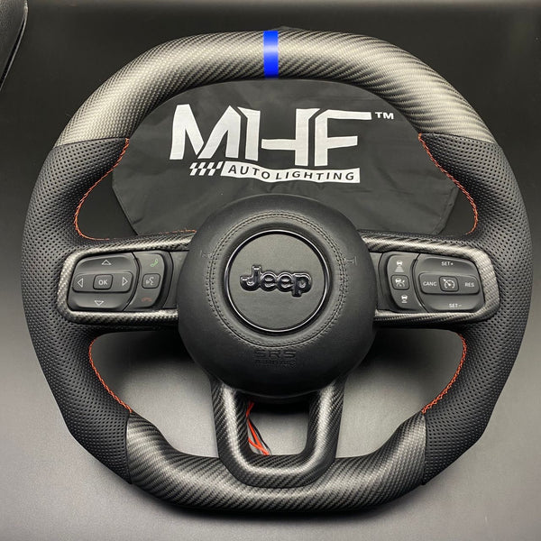 2018-2024 JT / JL “Orange Blue Top Stripe” Matte Carbon Jeep Wrangler Steering Wheel