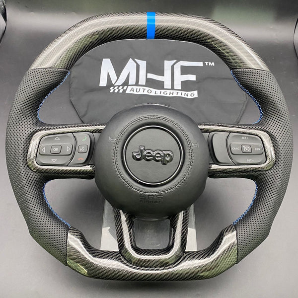 2018-2022 JT / JL “Perforated Leather Blue Accent” Matte Carbon 4XE Jeep Wrangler Steering Wheel