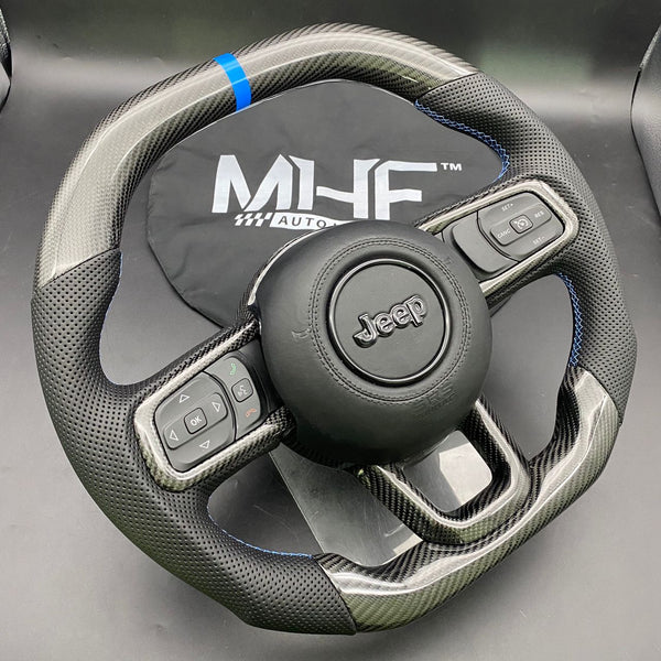 2018-2022 JT / JL “Perforated Leather Blue Accent” Matte Carbon 4XE Jeep Wrangler Steering Wheel