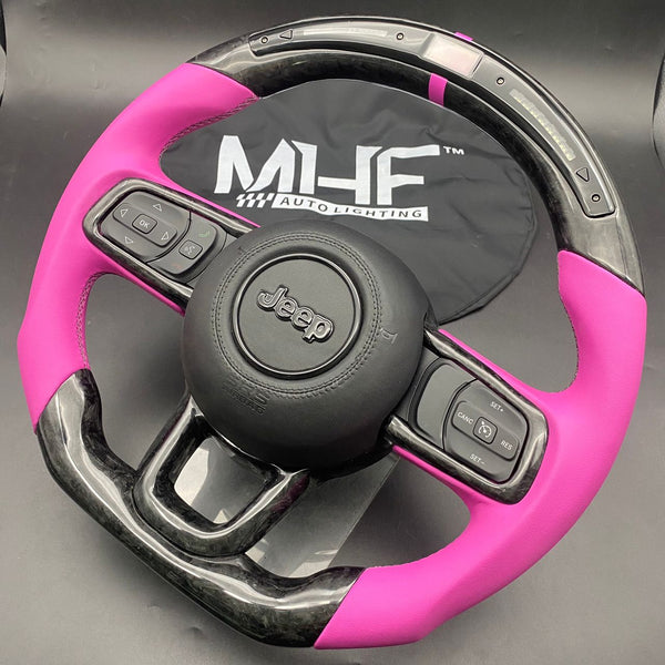 2018-2022 JT / JL “Pink Smooth Leather /  Orange” Jeep Wrangler Forged Carbon Steering Wheel