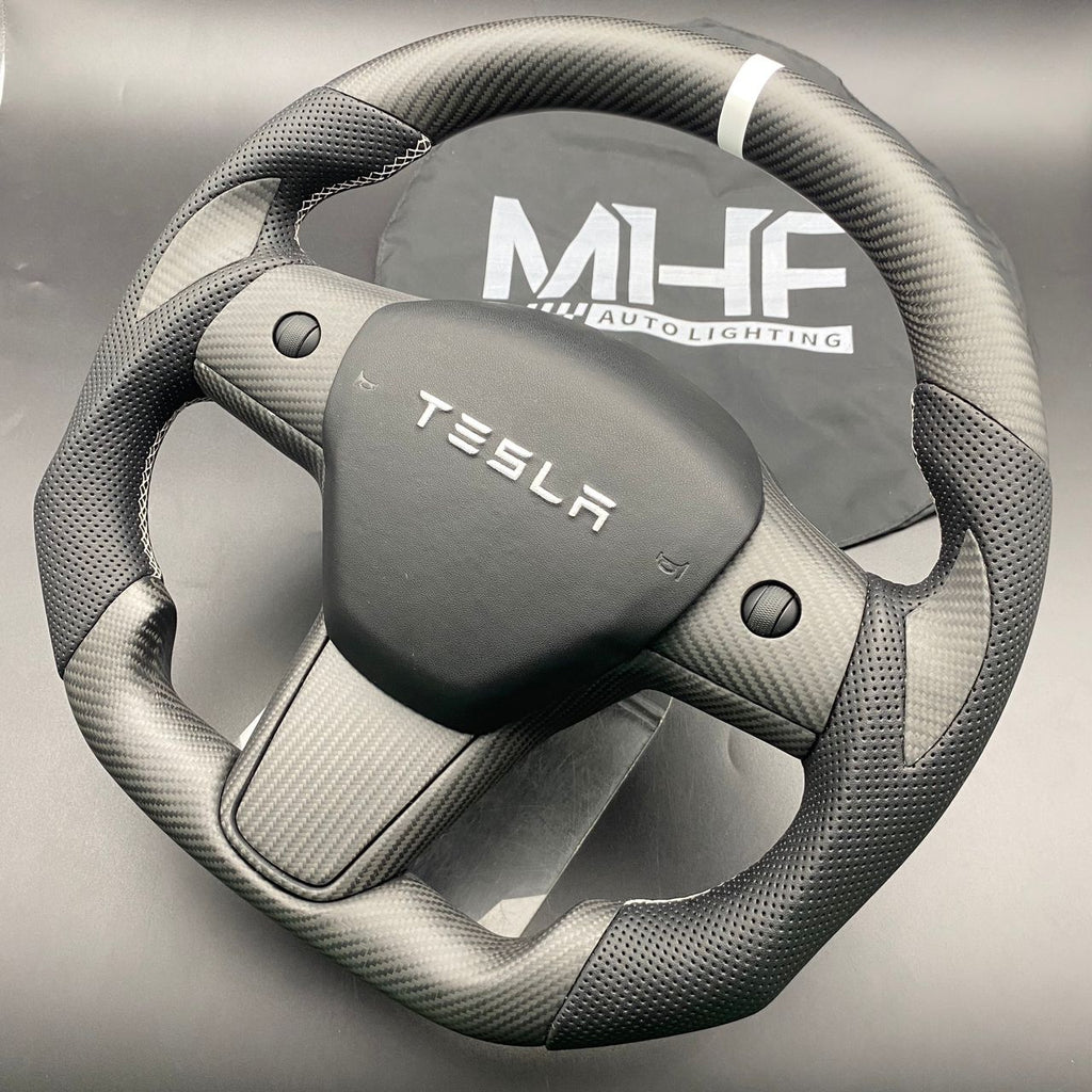 Tesla Model 3 & Y Matte Carbon White Accent Steering Wheel – MHFAutoLighting
