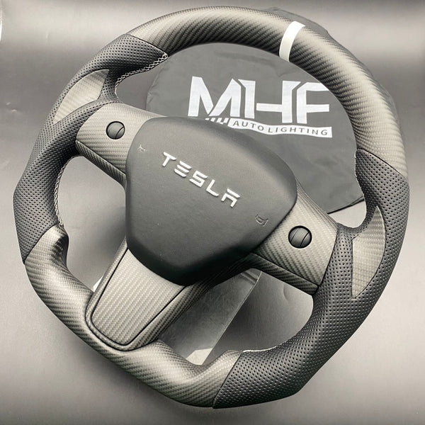 Tesla Model 3 & Y Matte Carbon White Accent Steering Wheel