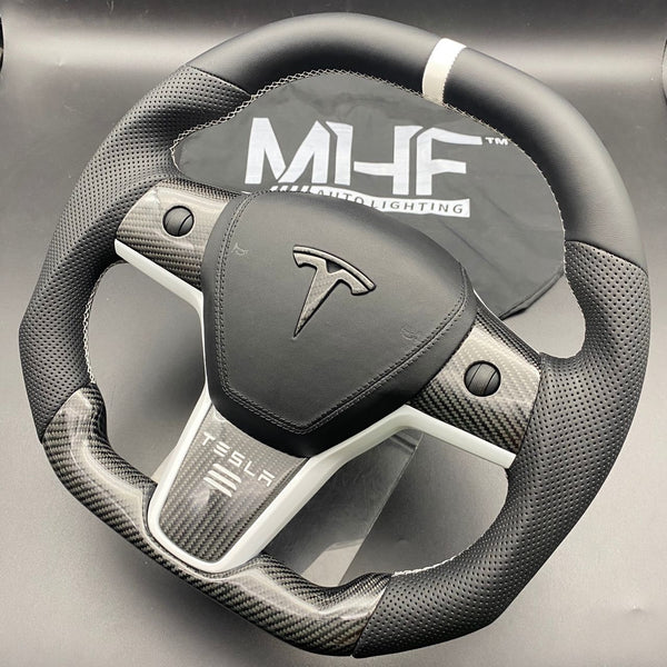 Tesla Model 3 & Y Carbon White Accent Steering Wheel