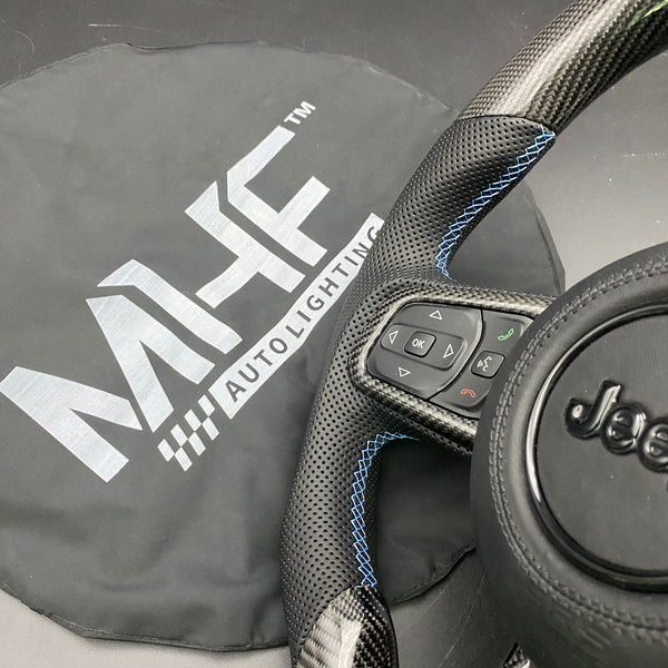 2018-2022 JT / JL “Perforated Leather Blue Accent” Matte Carbon 4XE Jeep Wrangler Steering Wheel