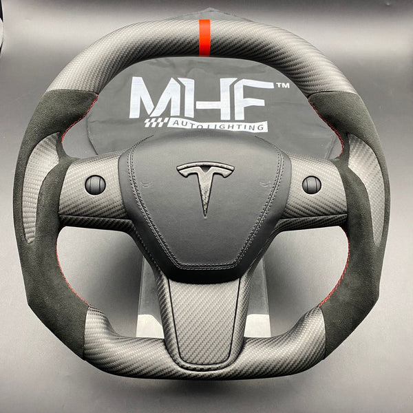 Tesla Model 3 & Y Carbon Red Accent Steering Wheel