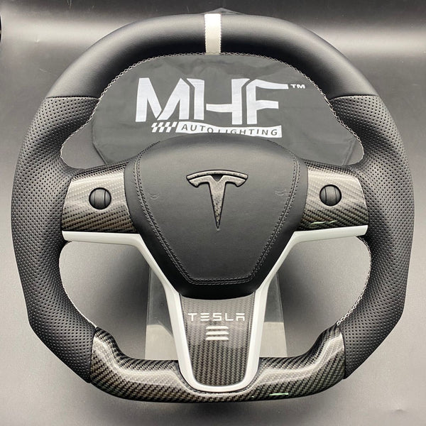 Tesla Model 3 & Y Carbon White Accent Steering Wheel